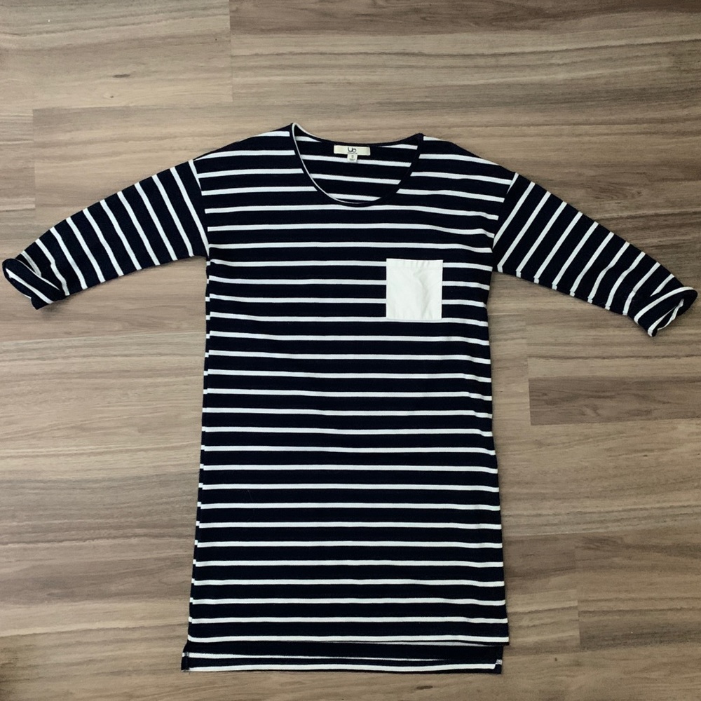 Navy Striped Dress 3/4 Length Sleeves